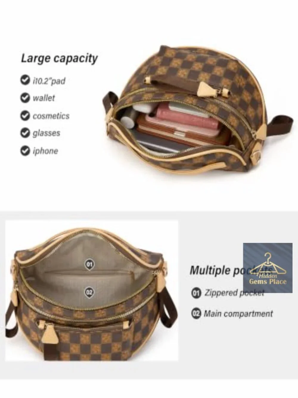 Vegan Leather Crossbody Bag with Adjustable Strap, Large Capacity, Checkered